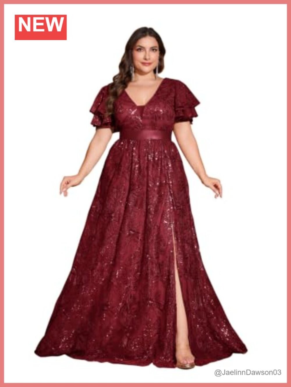 Plus Size Sequin Floral Evening Gown V-Neck Ruffle Sleeve Maxi Dress